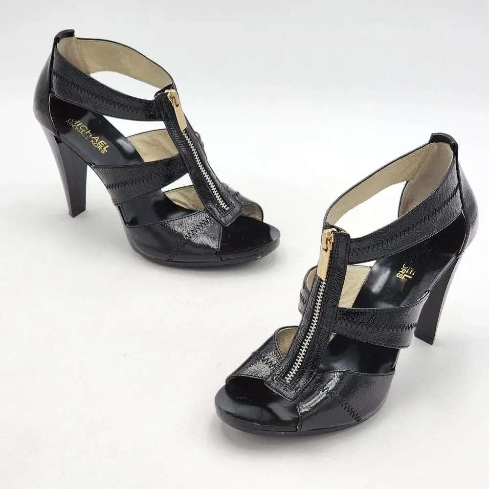 Michael Kors Zipper Patent Leather Strappy Peep Toe Heels Black Gold Size 8.5